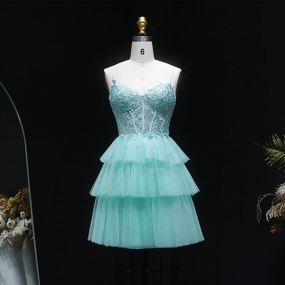 Sharon Said Mintgrünes Homecoming-Kleid mit Spaghettiträgern, Perlenbesetztes, gestuftes Tüllkleid, Dubai Cocktail-Abschlussball-Partykleid RM141 Maßanfertigung – Detail 5