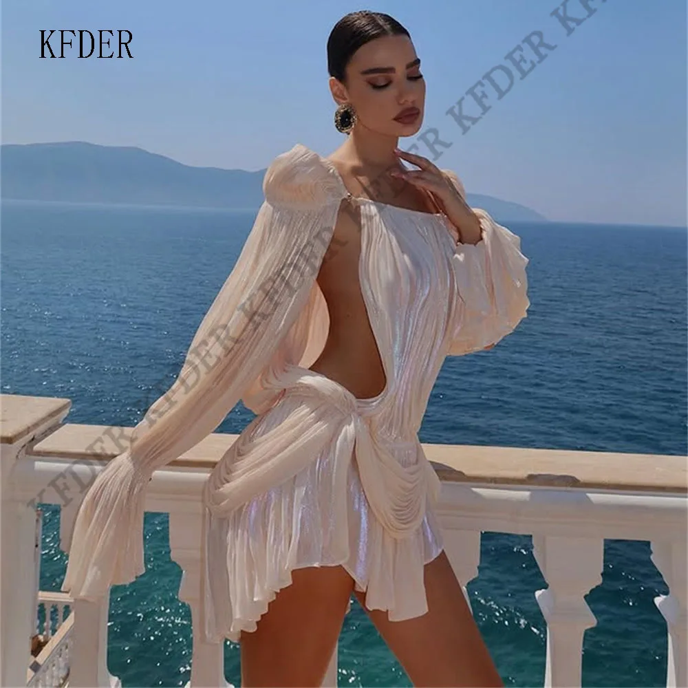 Ivory Chiffon Maxi Short Evening Dress Full Sleeves Short Sexy Wedding Party Formal Prom Dress Mini Cocktail Gown Customized