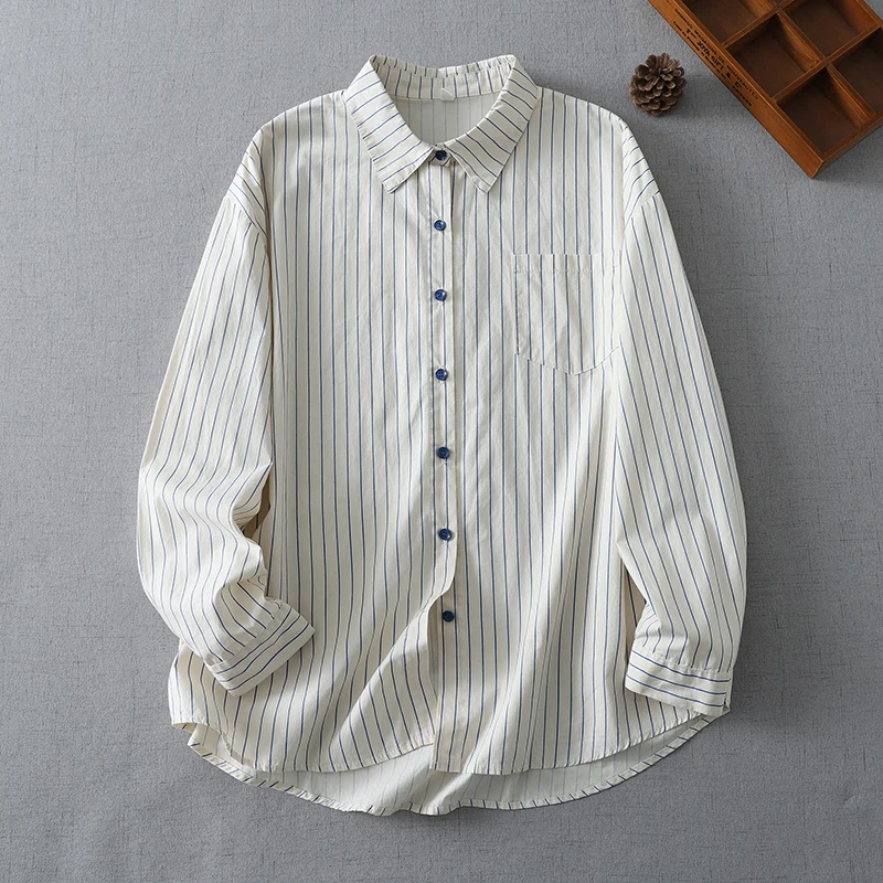

Blue Striped Loose Casual Shirt Women's Spring 2026 New Artistic Style Design Sense Anti-Aging Top Cotton Long Sleeve