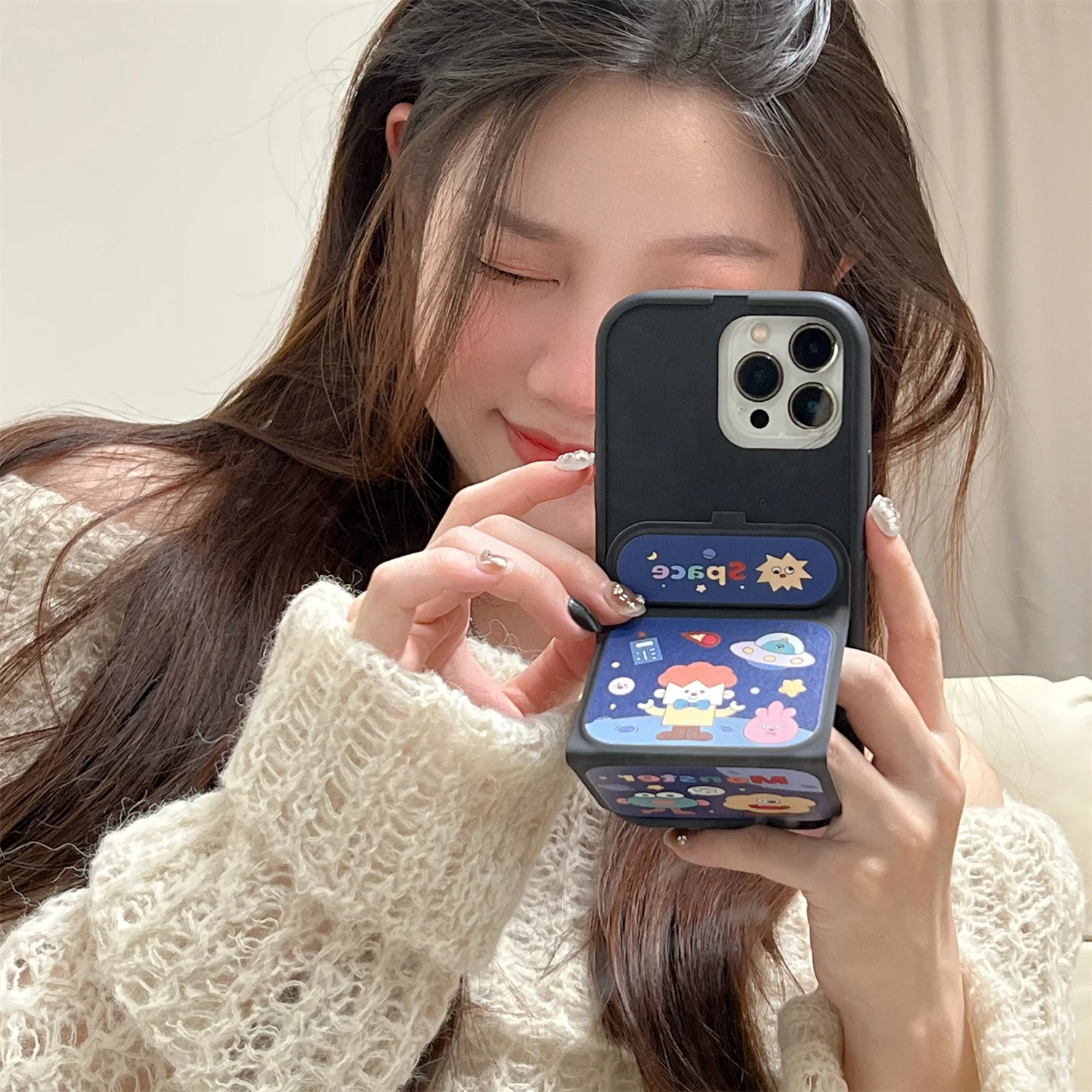 Clamshell Folding Bracket Blue Space  Phone Cases for IPhone  11 12 13 14 15 Pro Max Case  Shockproof  Back Cover Funda Kaws