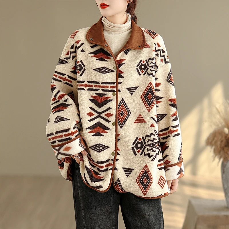 plus Size Fashionable Geometric Print Double-Sided Faux Sheepskin Jacket Women's Autumn Winter Style Integrated Leather Fur W...