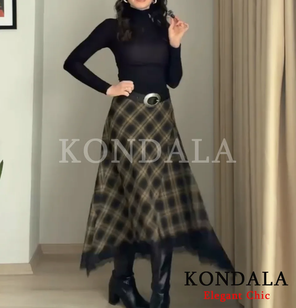 KONDALA Vintage Basic Lady Midi Skirt Plaid Lace Long Skirt Women New 2026 Spring Summer Elegant Commute Dinner Party Lady Skirt