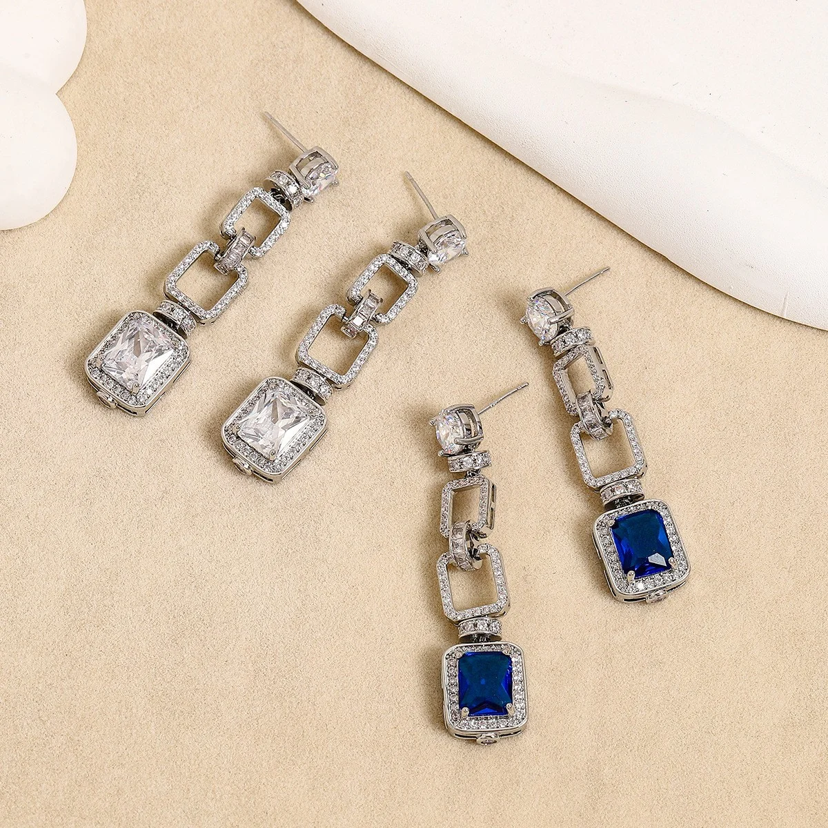 

925 Silver Needle Luxury Sapphire Gemstone Chain Drop Earrings, Elegant Bridal Wedding Party Statement Jewelry Gift for Women