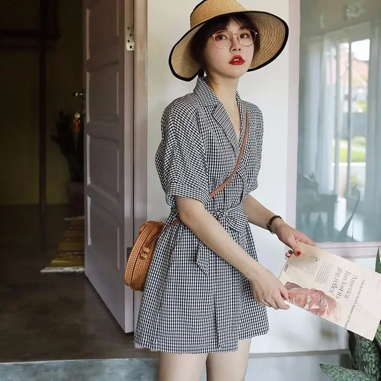 

Rompers Lace-Up Women Vintage GrayDeign Chic Summer Loose Wide-Leg Office Lady Playsuits Clothing Popular Korean Elegant Grils