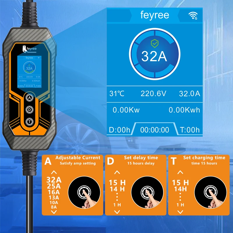 Feyree EV 충전기 월박스 TS-NACS 소켓, 테슬라 자동차 모델 3, Y, S, X용 휴대용 충전 박스, 32A, 7KW, 1 상 앱 제어