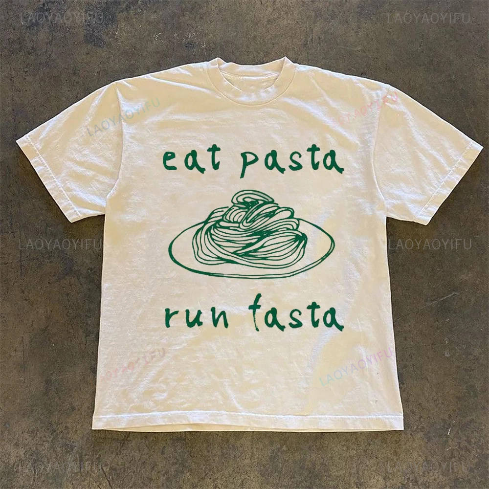 Fun women print T-shirt Eat spaghetti Run Fasta Fashion outfit Cute cartoon print summer short sleeve street wear top 2024