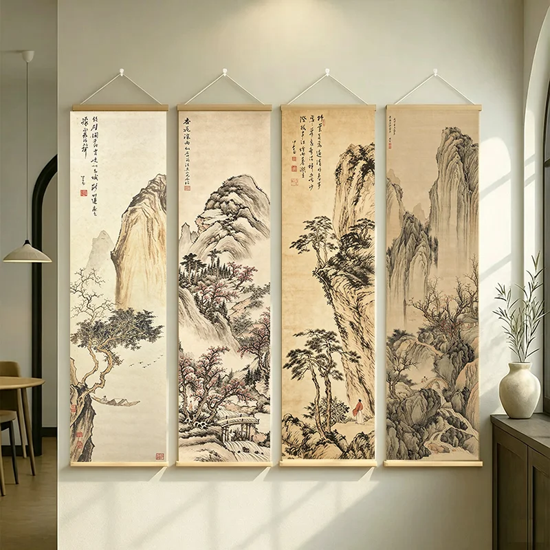 Wabi Sabi Abstract Wall Art, Wood Frame Oriental Ink Painting for Entryway Zen Decor, Japanese Minimalist Scroll Hanging Poster