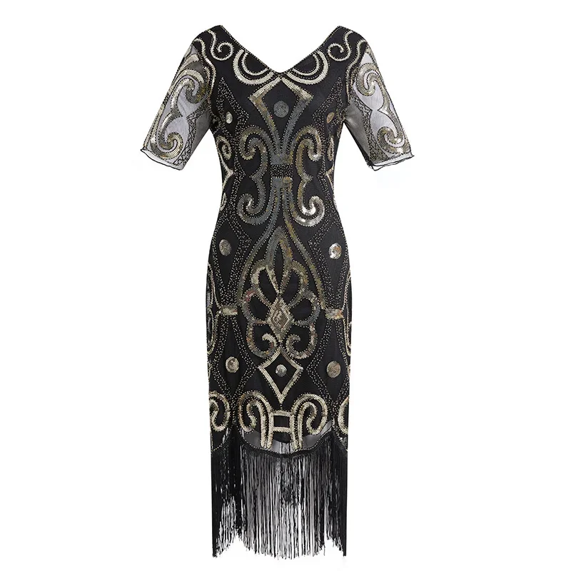 Great Gatsby 1920s Women's Inspired Sequin Beads Long Fringe V Neck Sleeve Art Deco Flapper Dress with Sleeve Plus Size