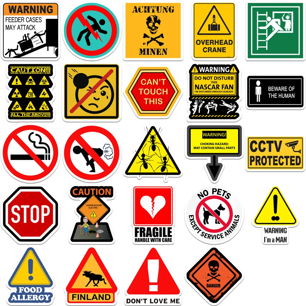 50PCS Warning Stickers Danger Banning Skateboard Fridge Guitar Laptop Motorcycle Travel Classic Toy Cool Decals Sticker