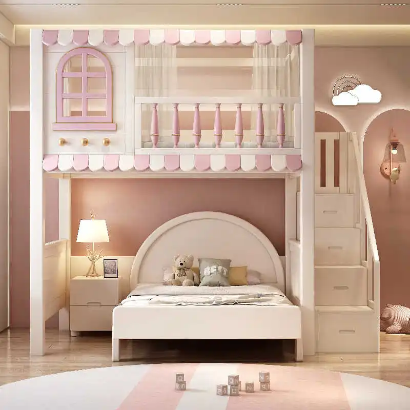 Children's bed with solid wood high guardrail, empty space on top and bottom, bookshelf, desk, integrated bed