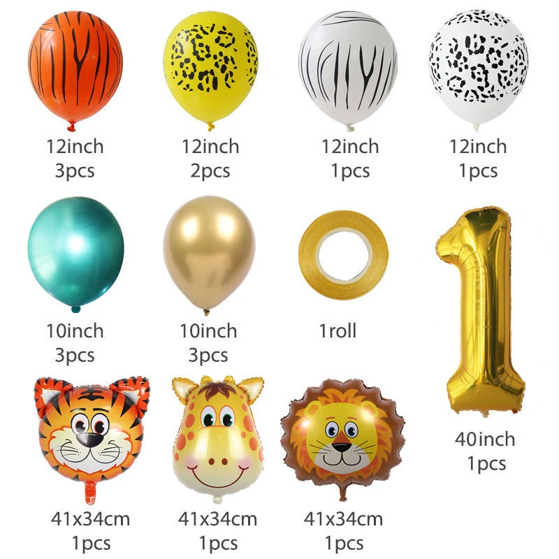 Baby Birthday Decoration Balloons Set Animal Theme Party Monkey Lion Tiger Cow Parti Latex Aluminum Film Digital Balloon Decor