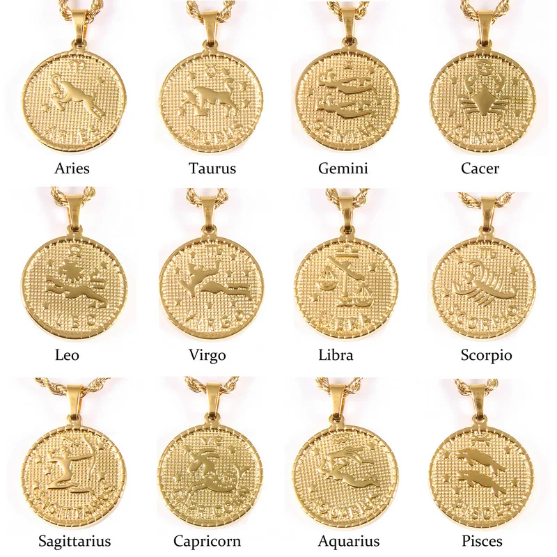Gorąca sprzedaż Nowa stal nierdzewna 316L platerowana złotem 12 znaków zodiaku Okrągły naszyjnik Moda Biżuteria na prezent dla mężczyzn i kobiet