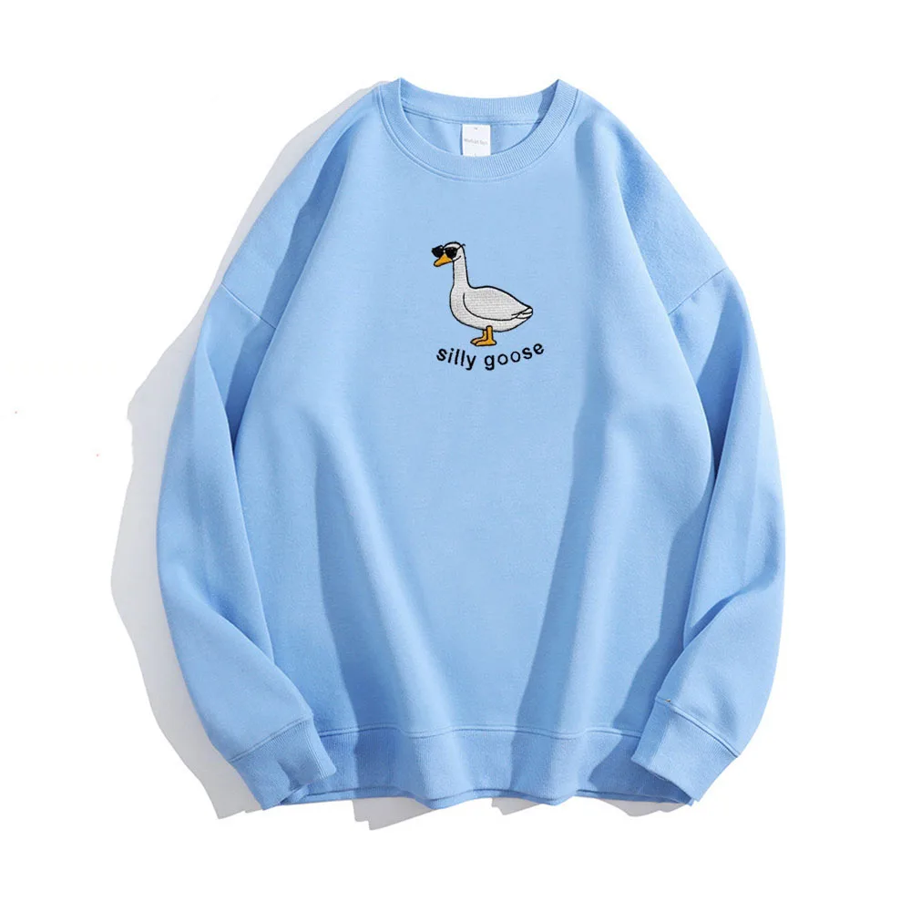 Silly Goose Cute Cartoon Embroidered Oversize Women Sweatshirts Long Sleeve Cotton Sky Blue Cute Pullover Cotton Vintage Jumpers