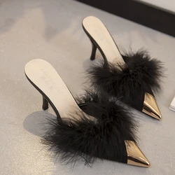 Mules Women Heels Slippers Sandals Woman 2023 Feather Luxury Brand Elegant Party Sandals House Sexy Black Fashion