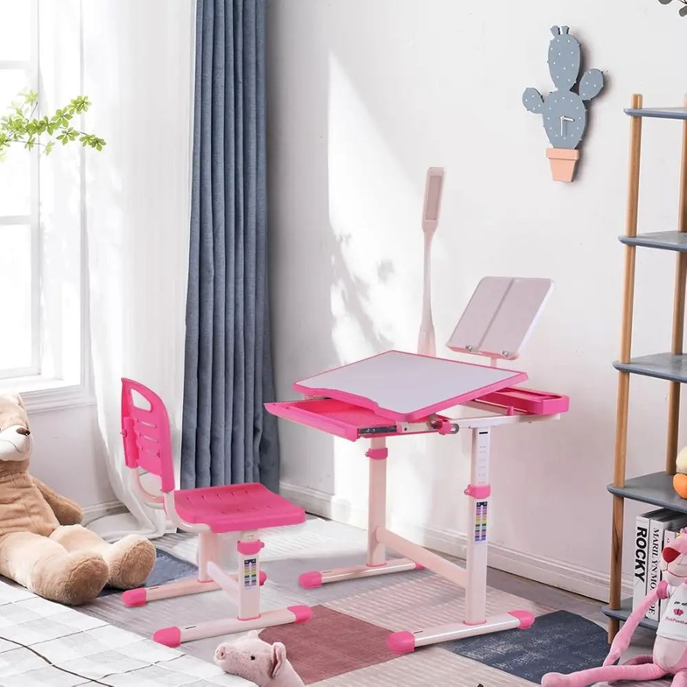 

Ergonomic Adjustable Height Kids Desk and Chair Set with LED Light and Bookstand, Pink