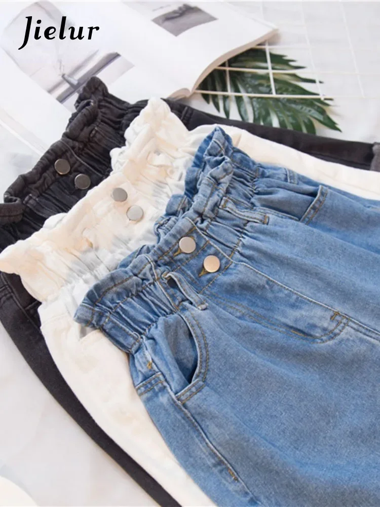 Jielur Summer Black Women Denim Shorts Women S-5Xl Harem Ruffled White Blue High Waisted Shorts Female Elastic Short Jeans