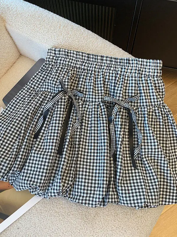 Sweet Girl's Plaid A-Line  Knot Half Skirt Women's High Waist Slim Fit Summer Short Skirt Fluffy Bouffant Gown