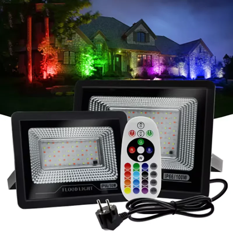 RGB LED Flood Light Reflector Outdoor Lighting AC 220V 50W 100W IP66 Waterproof Outdoor RGB Spotlight Lamps Landscape Lighting