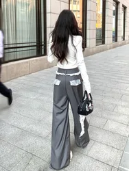 그레이 하이 웨이스트 와이드 레그 스트레이트 컷 롱 팬츠 여성 정장 바지 봄 디자인 레이스 스플라이싱 캐주얼 바지 한국 스타일