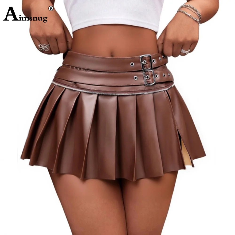 

2025 European Fashion Pu Leather Skirts Women High Cut Pleated Skirts Sexy Night Club Dance Skirt Waist Belt Short Bottoms New