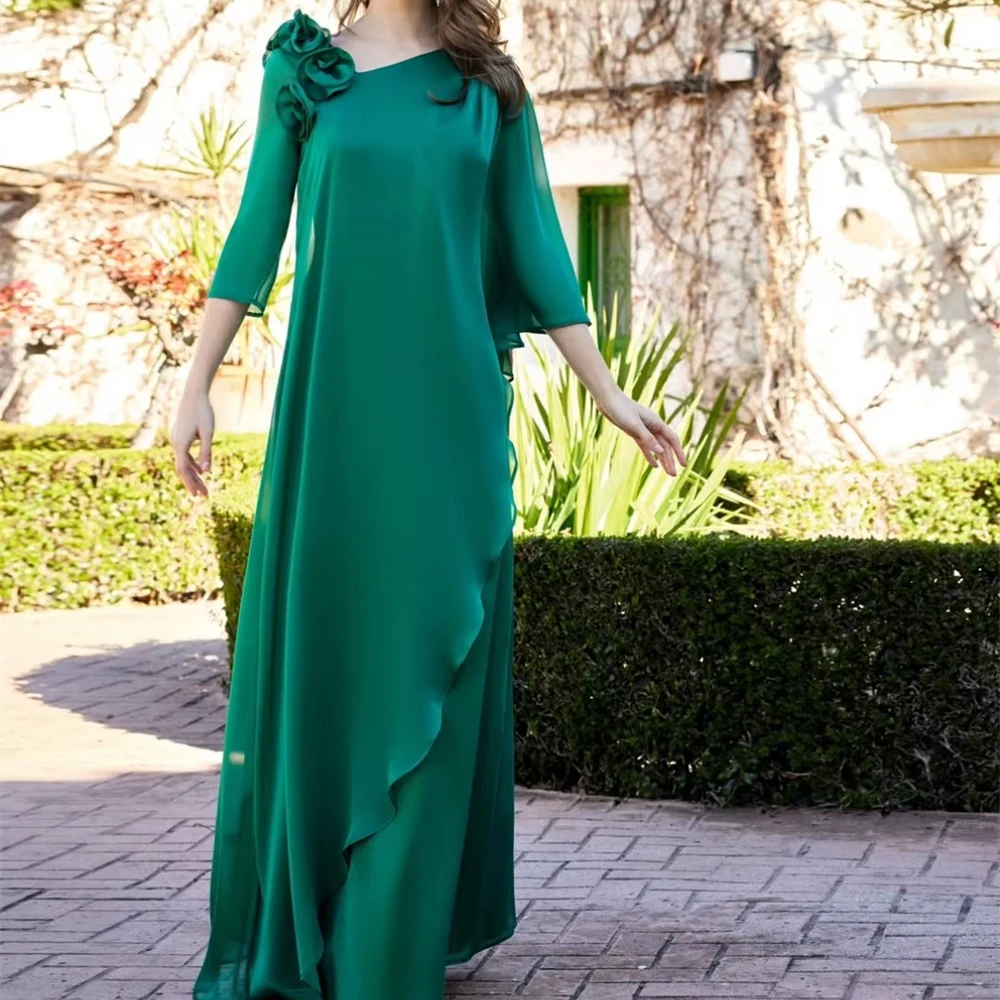 

Customized Long V-Neck Mother of the Bride Dresses with Flowers Chiffon Green Floor Length Evening Dress Wedding Party Dresses