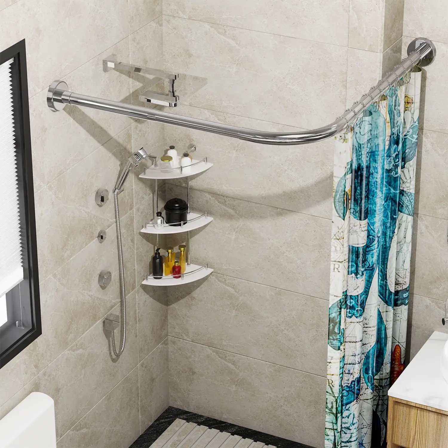 

Stretchable 304 Stainless Steel L-Shaped Corner Shower Curtain Rod, Drill-Free Installation for Bathroom