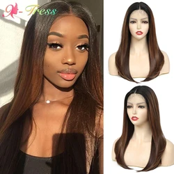 Peluca larga Yaki recta sintética con malla frontal para mujeres negras, peluca de encaje marrón degradado con pelo de bebé, fibra resistente al calor, X-TRESS