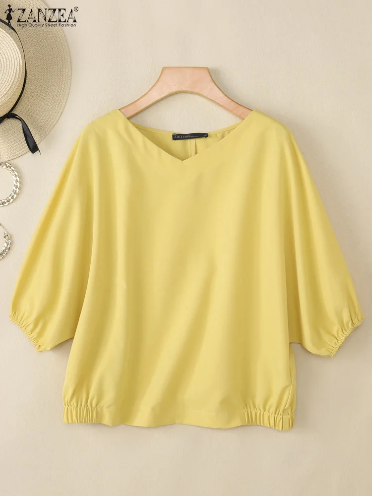 

ZANZEA 2022, женские летние однотонные блузки с рукавами 3/4, элегантные рабочие блузки с v-образным вырезом, повседневные свободные сорочки Mujer, топы, осенняя офисная рубашка