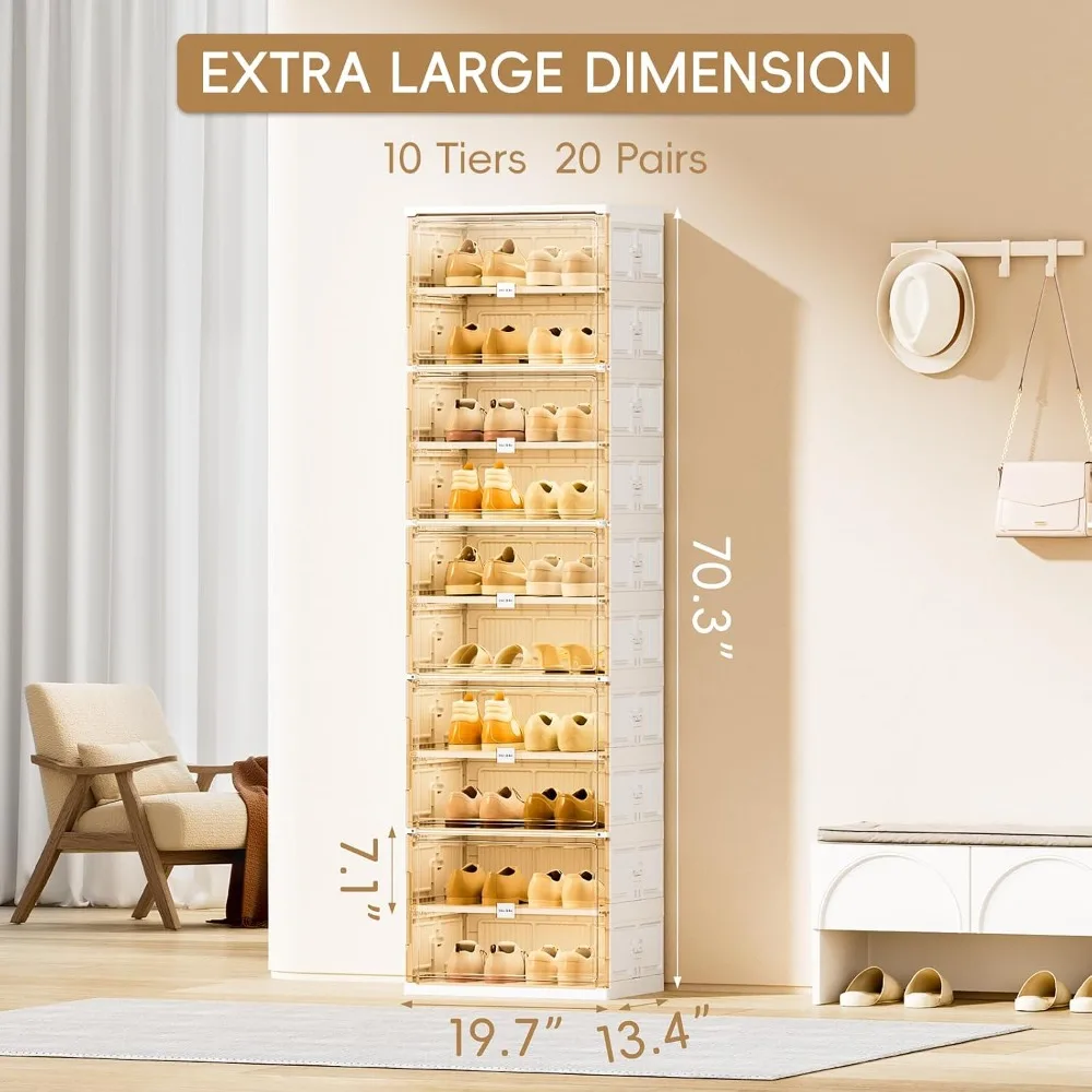 10-Tier Foldable Shoe Storage Box with Magnetic Doors, Large Stackable Shoe Organizer Cabinet for Entryway (White)