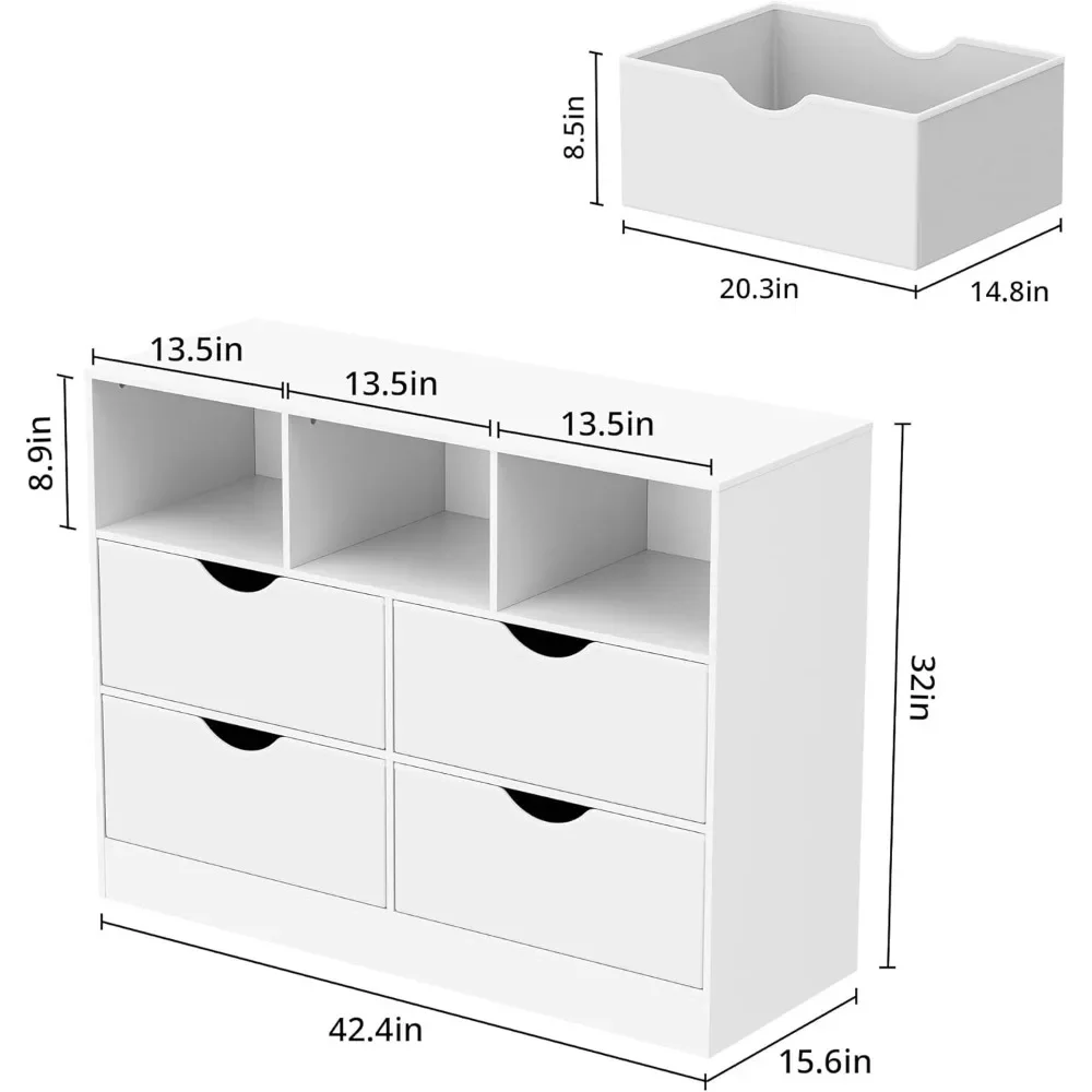 4 Drawers Dresser with Open Cube, Chest of Drawers, Dresser for Bedroom, Fabric PU Drawer Dresser, White Dresser with White