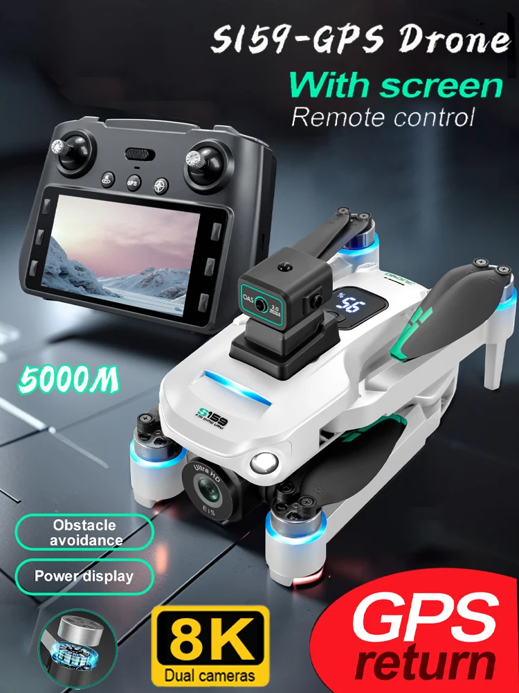 S159 GPS Drone Professioneel 360° °   Obstakel vermijden borstelloze 8K HD dubbele camera met scherm 5G WIFI FPV Dron opvouwbare quadcopter - afbeelding 2