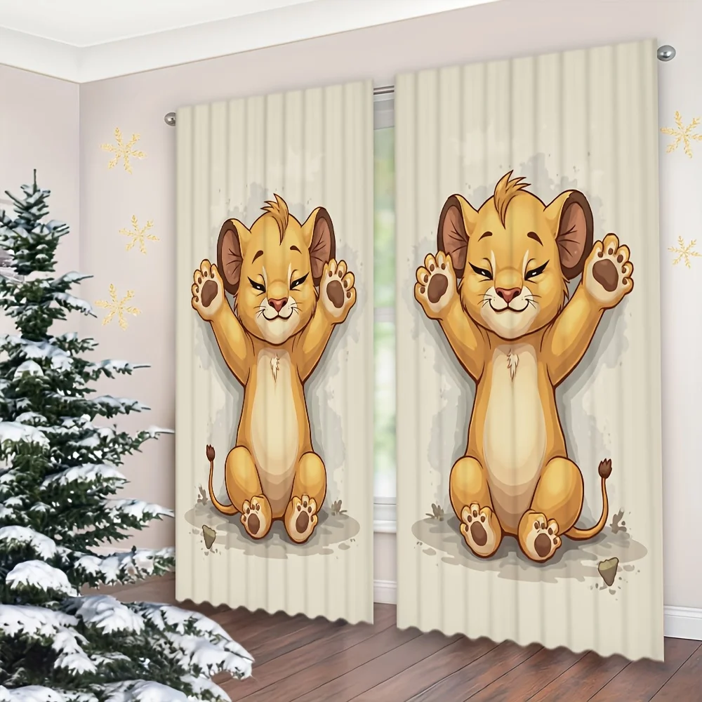 Cartoon Lion Cub Curtain, Cute Animal Kids Window Drape, Playful Baby Lion Print, Nursery Room Decor