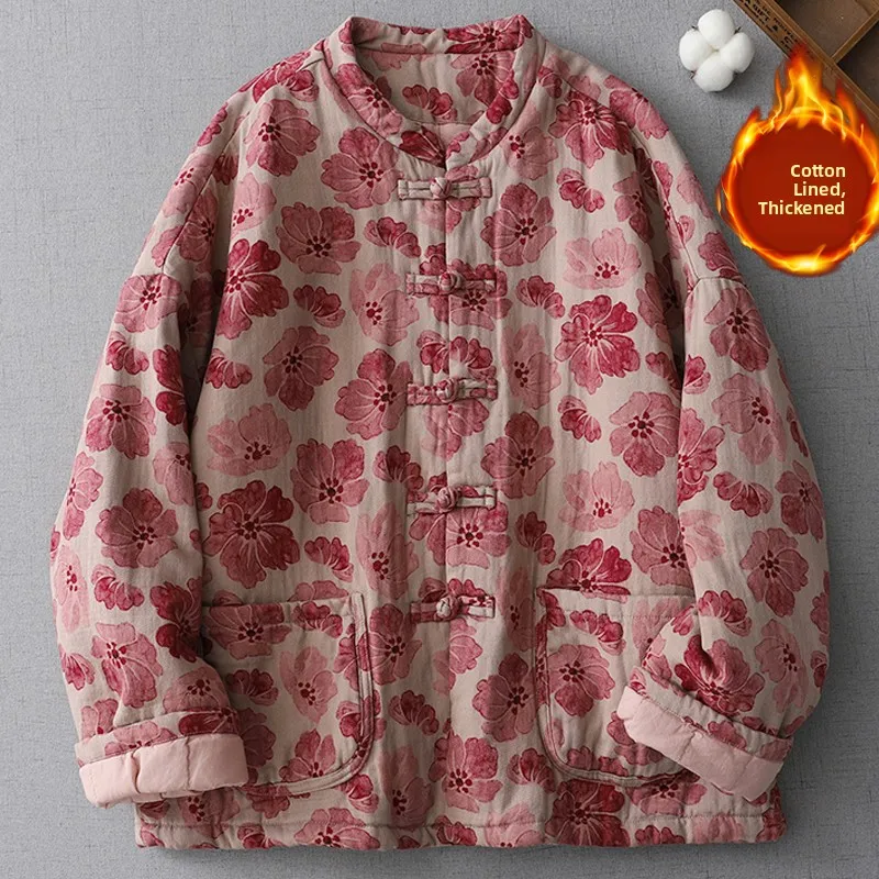 

Элитная женская зимняя куртка из хлопка с цветочным узором в стиле ретро, китайский национальный стиль, на пуговицах