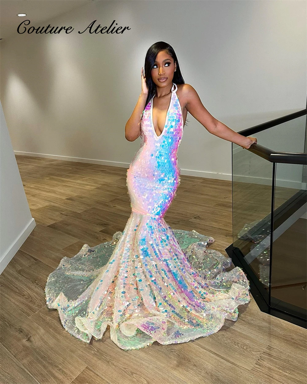 Colorful Backless Prom Dresses 2024 Luxury Gowns Halter Wedding Dress Shinning Mermaid Birthday Party Gown vestidos de gala