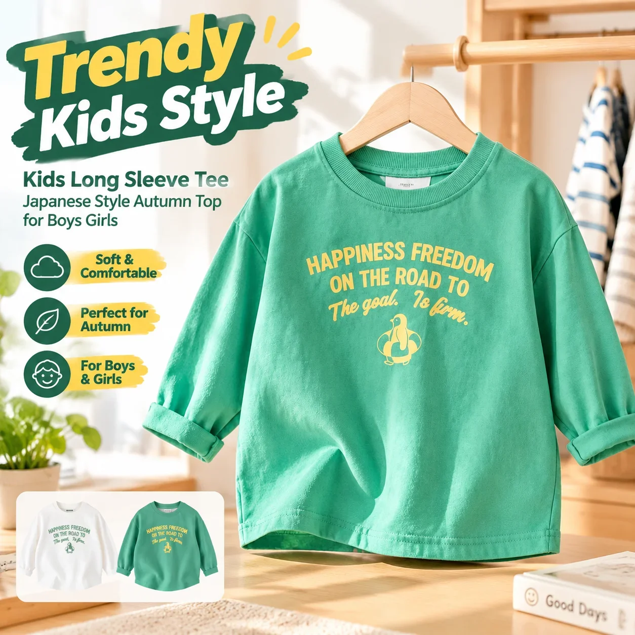 Kids Long Sleeve Tee Japanese Style Autumn Top for Boys Girls Trendy Base Layer