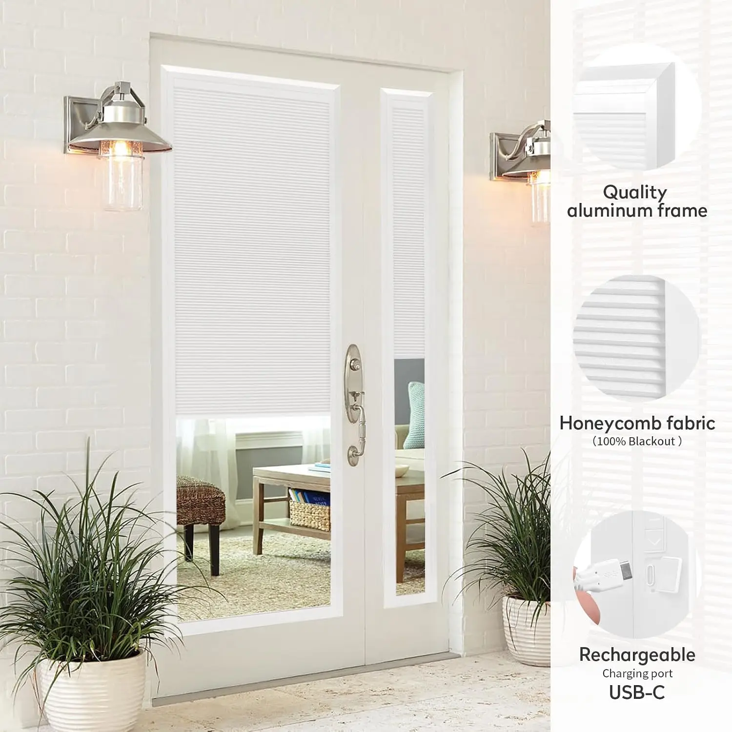 Motorized Blackout Door Blinds Rechargeable Recessed Mount White | Privacy Thermal Insulated Honeycomb blinds,Hidden Cellular Sh