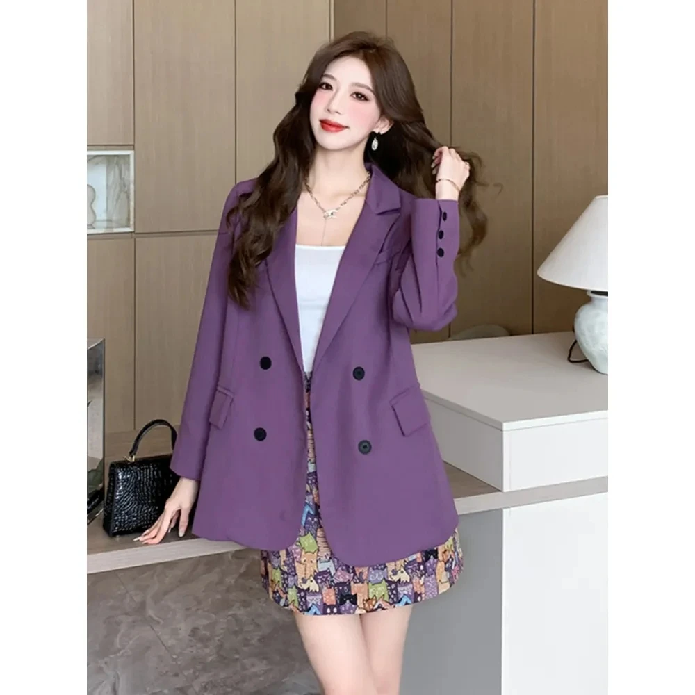 Fashion Women Sets Spring Summer High-end Blazer Jacket Printed Skirt Two-piece Suit Ladies Casual Temperament Purple Suit Coat