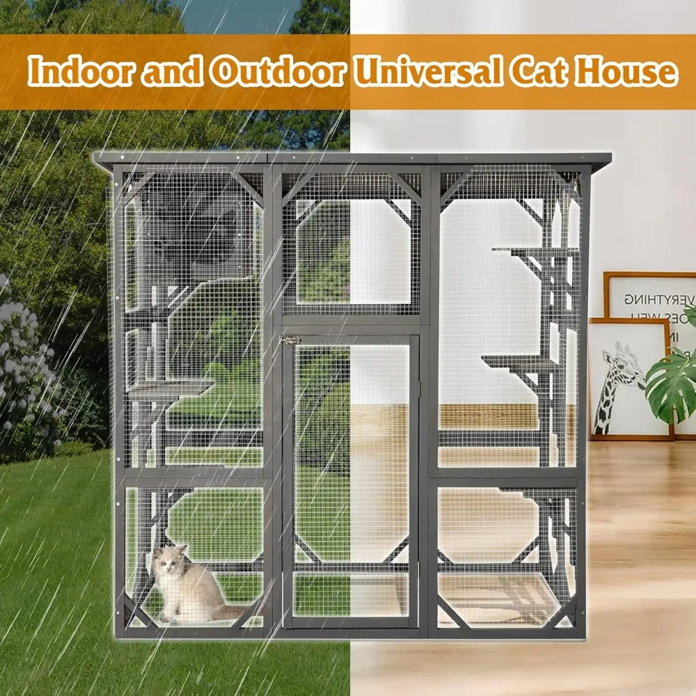 Cat Enclosure Large Outdoor Catio Wooden Cat House with Weatherproof, Cat Cage Condo Playpen with Platform and Small House