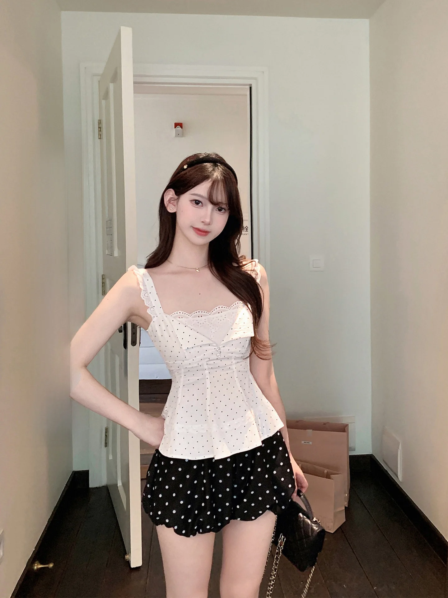 

CrySweet Pure Oxygen Holiday Polka Dot Cotton Lace Hollow out Strap Women's Fake Two-Piece Top Sweet Sle Slim Fit Summer...