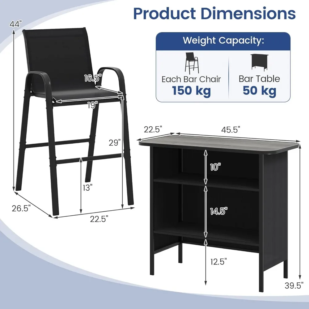 Set bar teras dengan meja tinggi bar dan kursi berlengan, bagian atas plastik kayu, rak 2 tingkat, logam tugas berat, furnitur makan luar ruangan