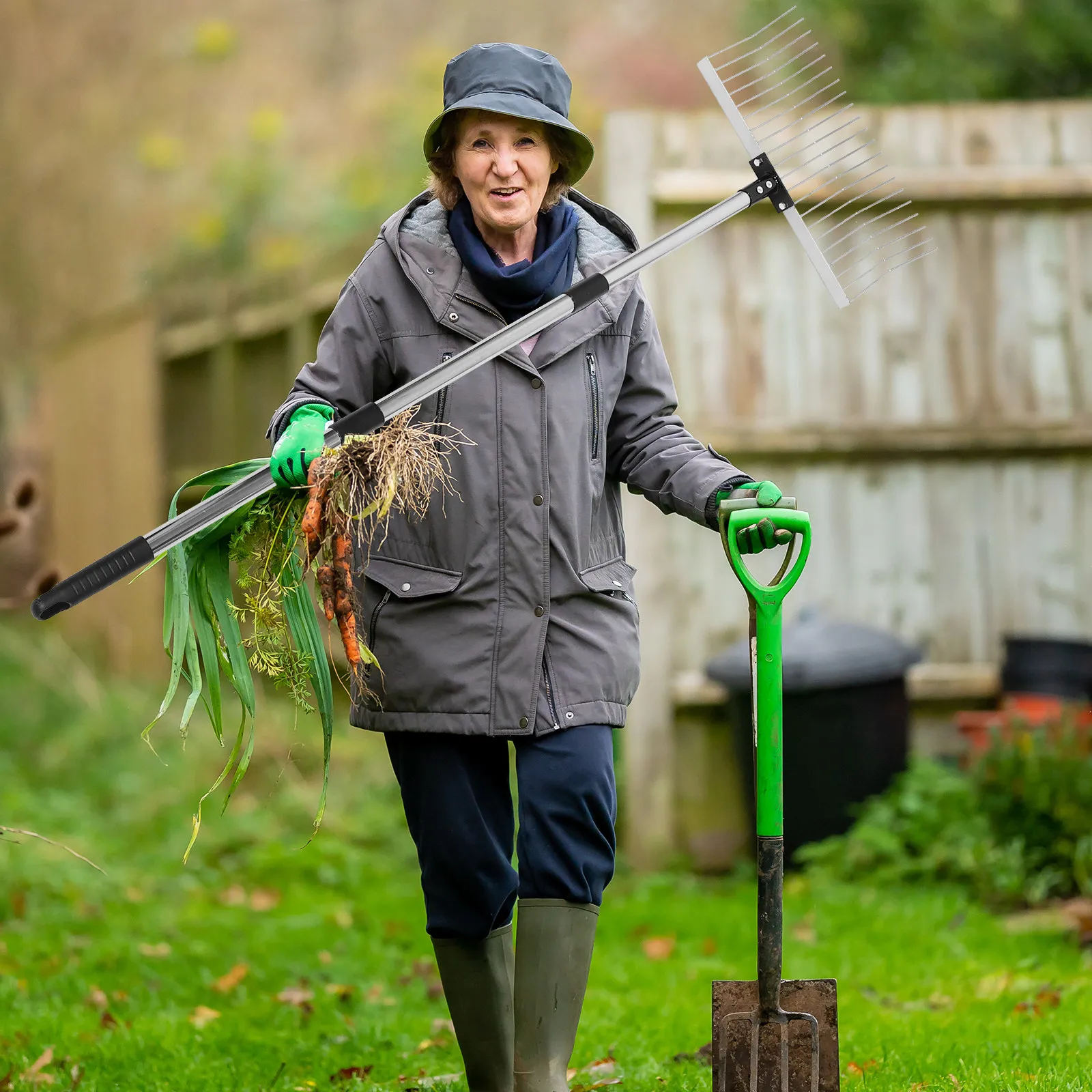 

Прочные грабли для листьев с 21 зубцом, ручка из нержавеющей стали 1,25 м, регулируемая длина, садовый инструмент для выравнивания почвы и рыхления газона