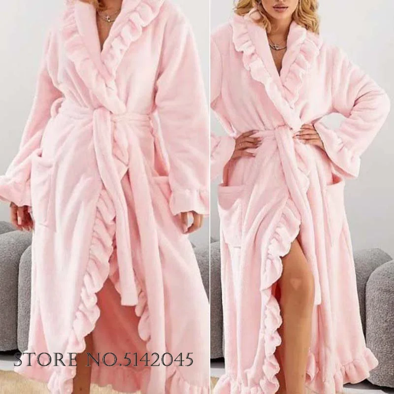 Flannel Women's Long Robe Nightgown Thicken Warm Bathrobe Home Dress Sweet Ruffle Nightdress Nightwear Coral Fleece Loungewear
