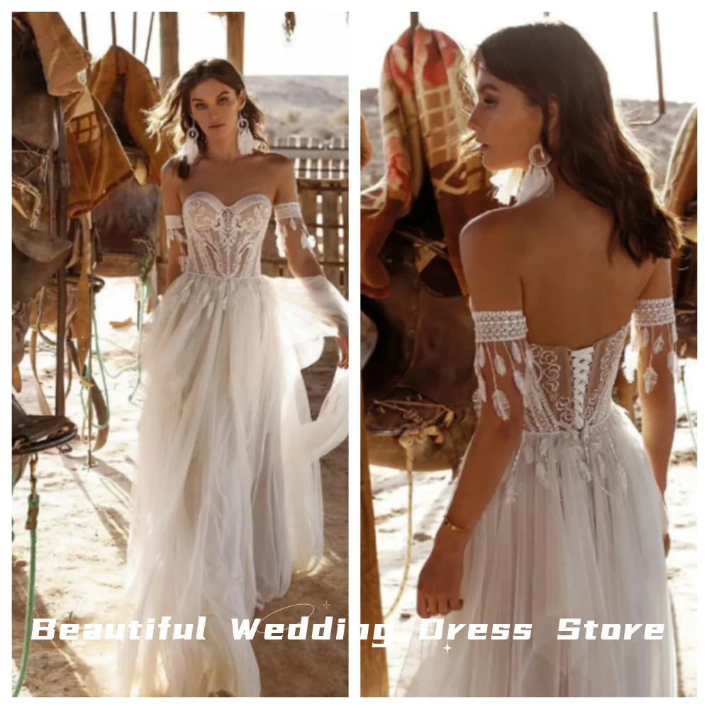 Luxurious Sweetheart Off Shoulder Wedding Dress Boho Lace Simple Strapless  Tulle Bridal Gown Summer Beach vestidos de novia