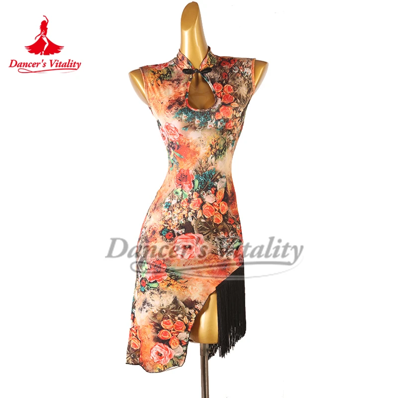 Latin Dance Flowers Pattern Sleeveless Cheongsam Style Professional Dresses Adult Chacha Samba Rumba Training Clothing Customize