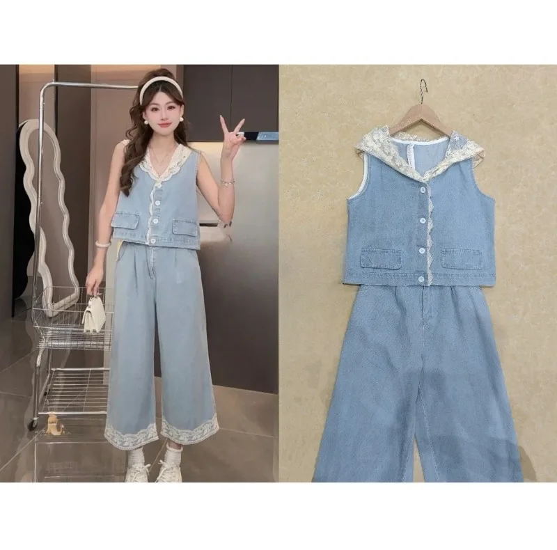 

Casual Suit Women's Summer Lace Turn-down Collar Sleeveless Vest High Waisted Straight Leg Pants Fashion Two-piece Set