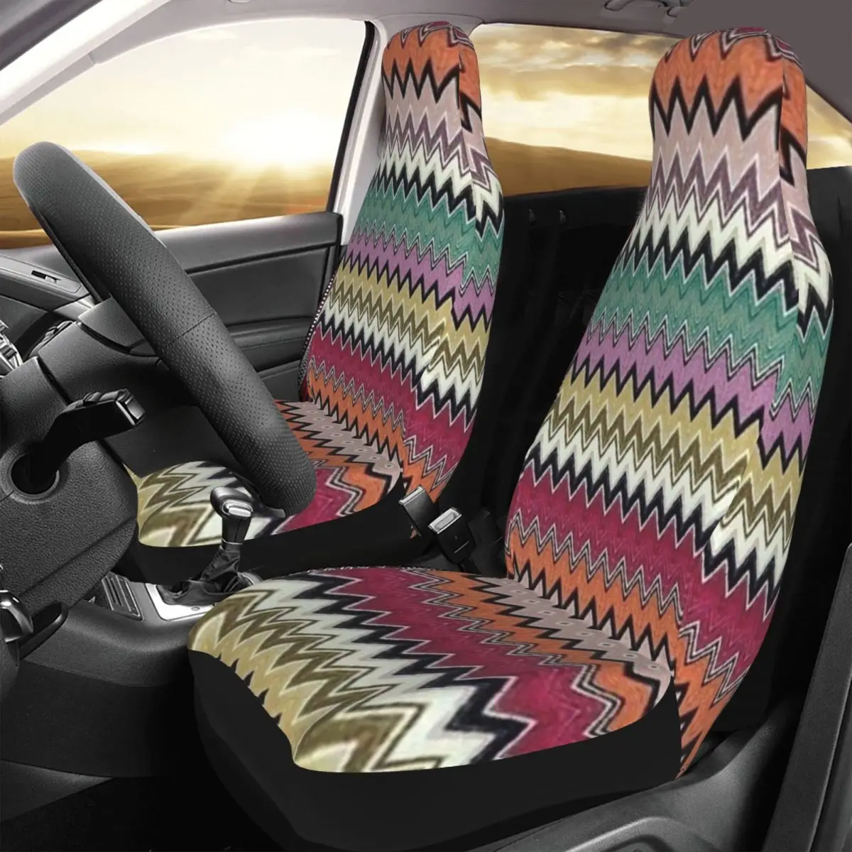 Colorful Zig Zag Chevron Universal Car Seat Covers Fit for Cars Trucks SUV Bohemian Geometric Auto Seat Cover Protector 2 Pieces