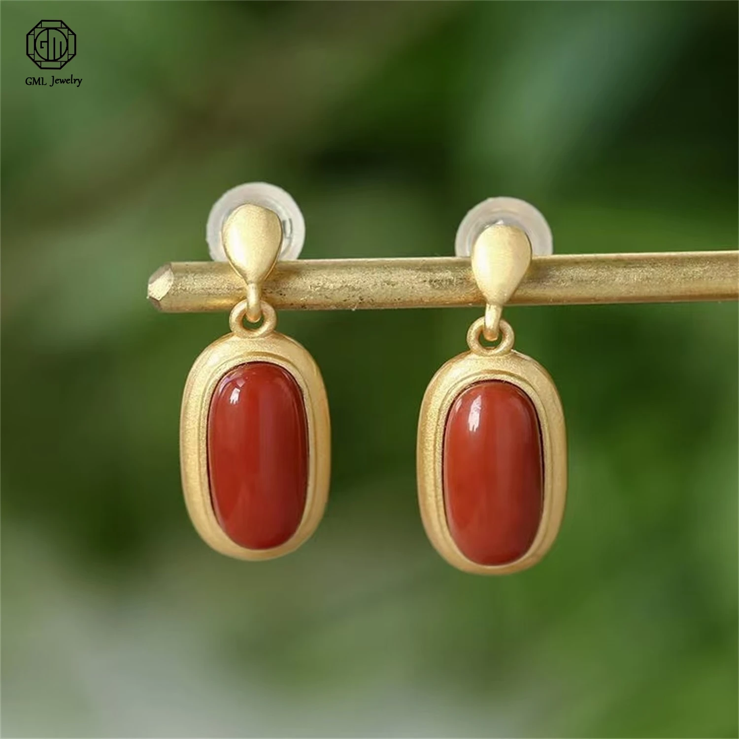 

Natural Nanhong Agate Oval Long Drop Earrings Silver Pin Women Elegant Fashion Fudou Exquisite Earrings Jewelry Gift