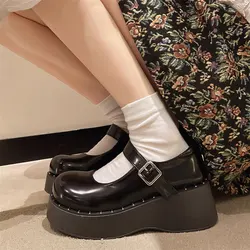 Patent Leather Thick Heeled Mary Jane Shoes Women Chunky Platform High Heels women's Sweet Buckle Strap Round Toe single shoes