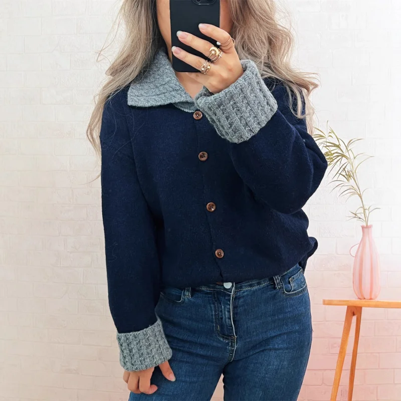 

2025 European and American Autumn Winter New Style Turn-Down Collar Striped Color-Block Knitted Cardigan Sweater Women