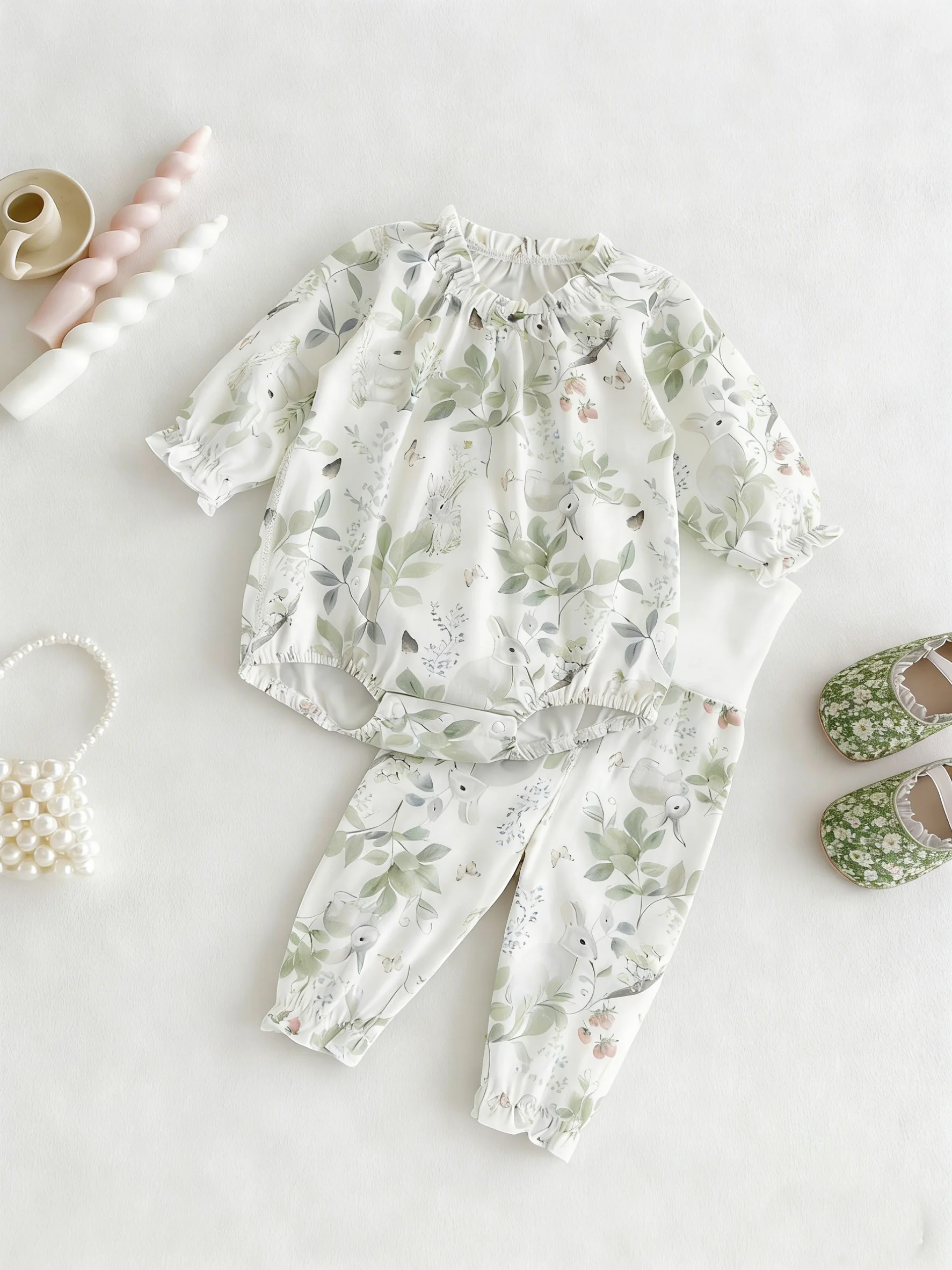 Spring baby girl triangular jumpsuit + long pants set Rabbit print Infant casual set